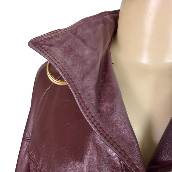 Tfc Women Maroon 100% Genuine Leather Belted Trench Coat Lined With Rayon Sz 8 - Picture 11 of 16